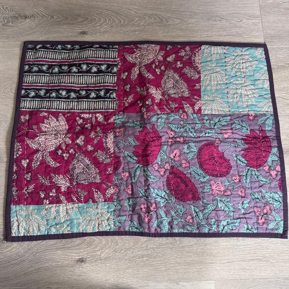 Sundance Cotton Kantha Quilted Pillow Sham Standard Floral Patchwork Plum Teal